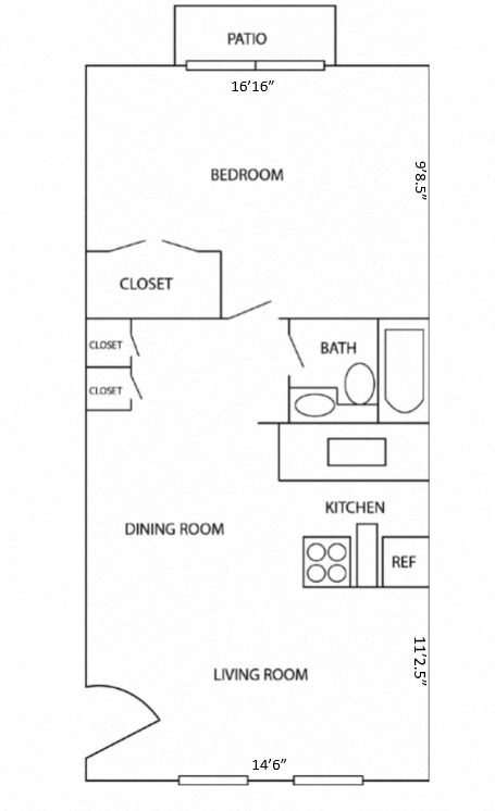 Floor plan for 1 bed, 1 bath, 700 sqft